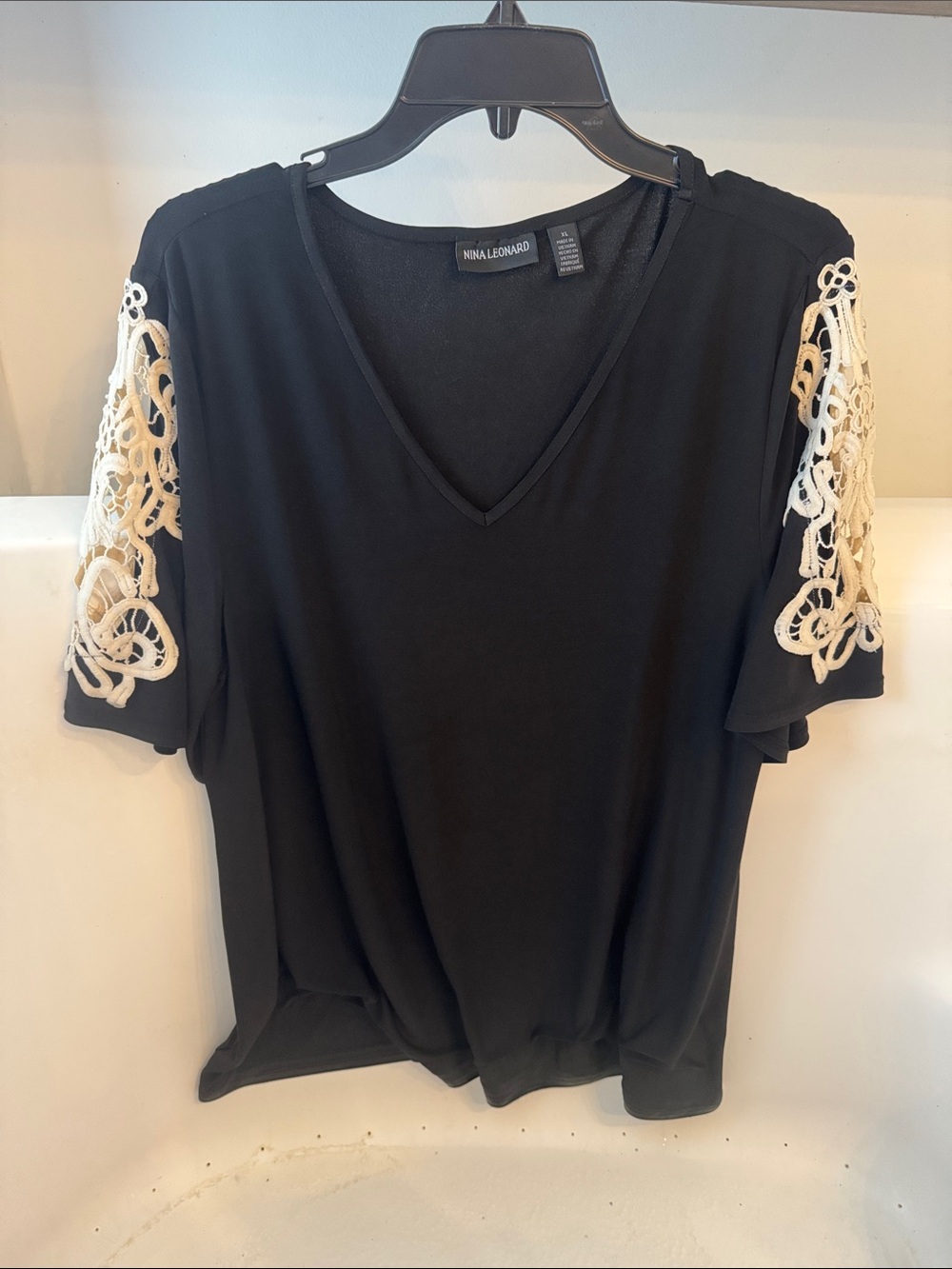 Nina Leonard Black V-Neck Top with Cream Crochet Sleeves